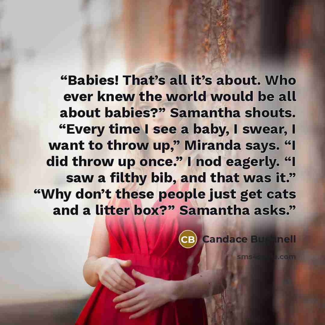 “Babies! That’s all it’s about. Who ever knew the world would be all about babies?” Samantha shouts. “Every time I see a baby, I swear, I want to throw up,” Miranda says. “I did throw up once.” I nod eagerly. “I saw a filthy bib, and that was it.” “Why don’t these people just get cats and a litter…” quote by Candace Bushnell