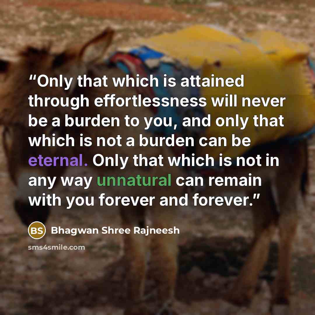 “Only that which is attained through effortlessness will never be a burden to you, and only that which is not a burden can be eternal. Only that which is not in any way unnatural can remain with you forever and forever.” quote by Bhagwan Shree Rajneesh