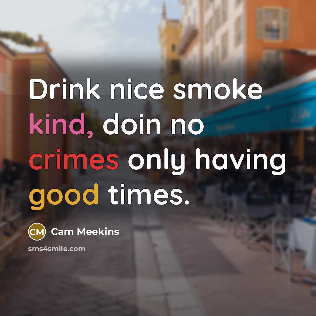 “Drink nice smoke kind, doin no crimes only having good times.” quote by Cam Meekins