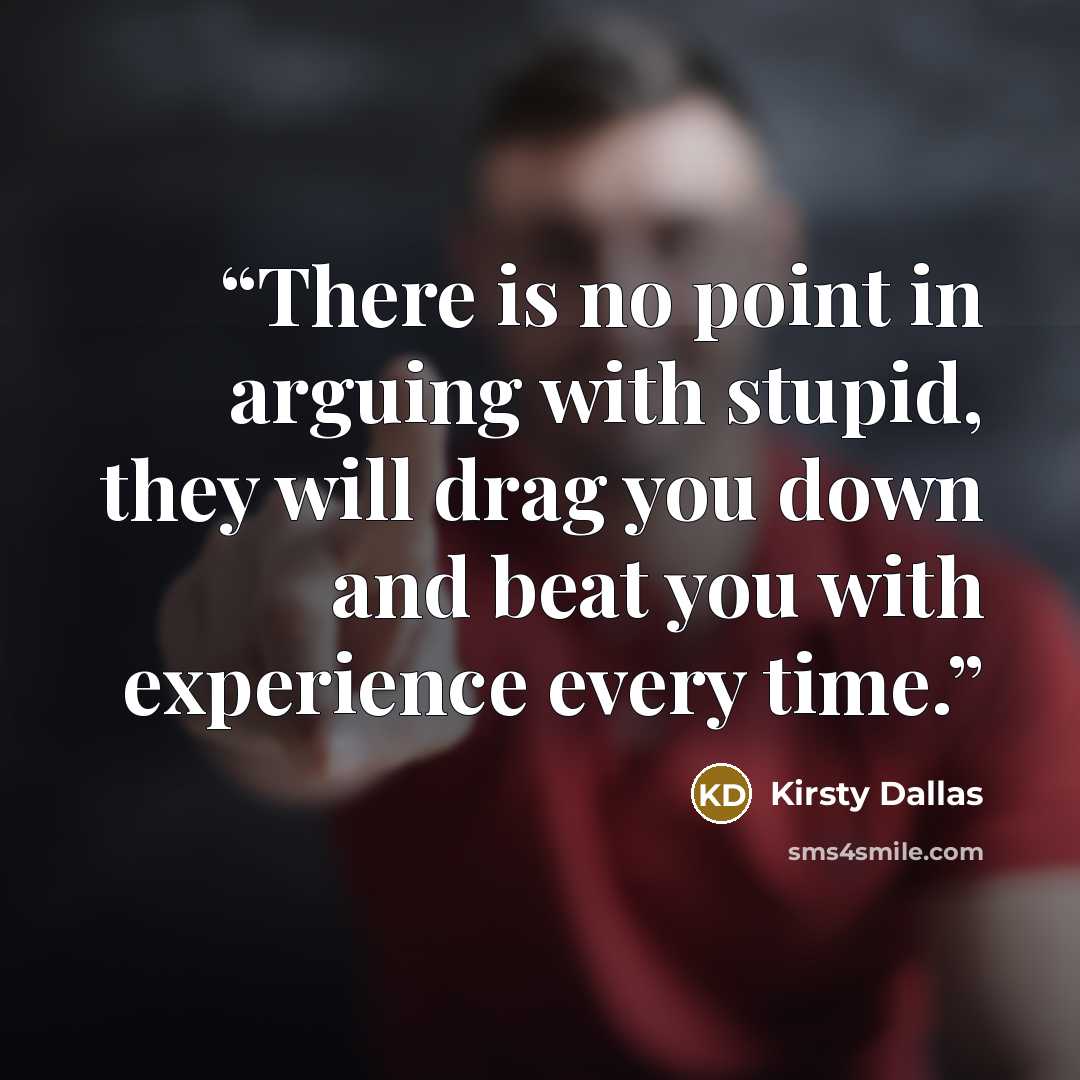 “There is no point in arguing with stupid, they will drag you down and beat you with experience every time.” quote by Kirsty Dallas