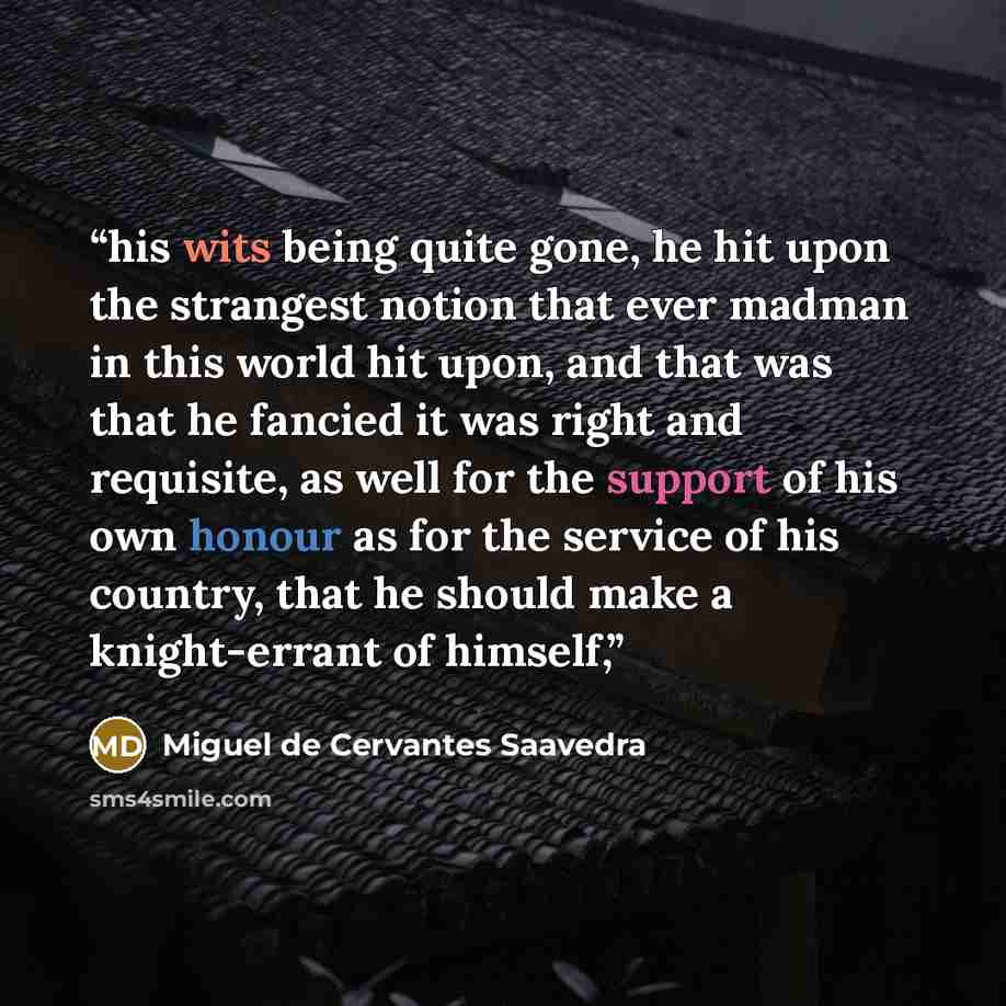“his wits being quite gone, he hit upon the strangest notion that ever madman in this world hit upon, and that was that he fancied it was right and requisite, as well for the support of his own honour as for the service of his country, that he should make a knight-errant of himself,” quote by Miguel de Cervantes Saavedra