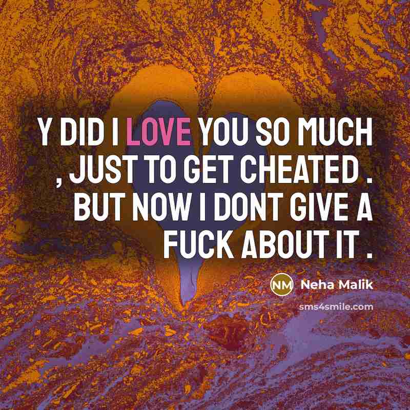 “Y did I love you so much , just to get cheated . But now I dont give a fuck about it .” quote by Neha Malik