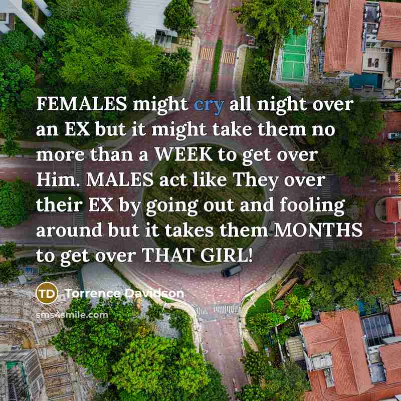 “FEMALES might cry all night over an EX but it might take them no more than a WEEK to get over Him. MALES act like They over their EX by going out and fooling around but it takes them MONTHS to get over THAT GIRL!” quote by Torrence Davidson