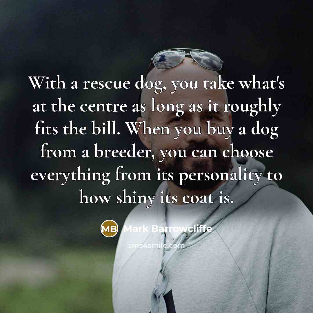 “With a rescue dog, you take what's at the centre as long as it roughly fits the bill. When you buy a dog from a breeder, you can choose everything from its personality to how shiny its coat is.” quote by Mark Barrowcliffe