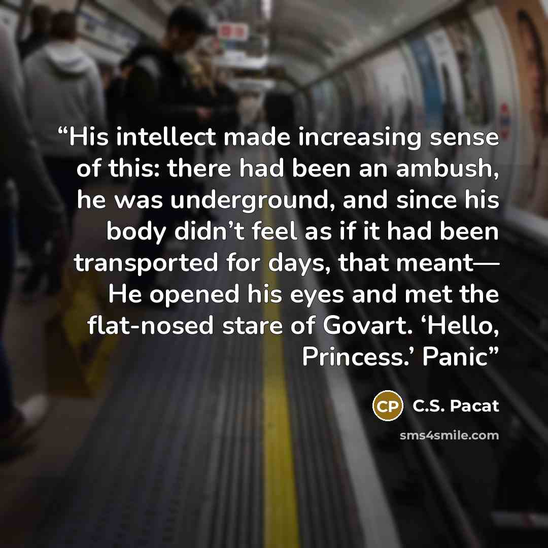 “His intellect made increasing sense of this: there had been an ambush, he was underground, and since his body didn’t feel as if it had been transported for days, that meant— He opened his eyes and met the flat-nosed stare of Govart. ‘Hello, Princess.’ Panic” quote by C.S. Pacat