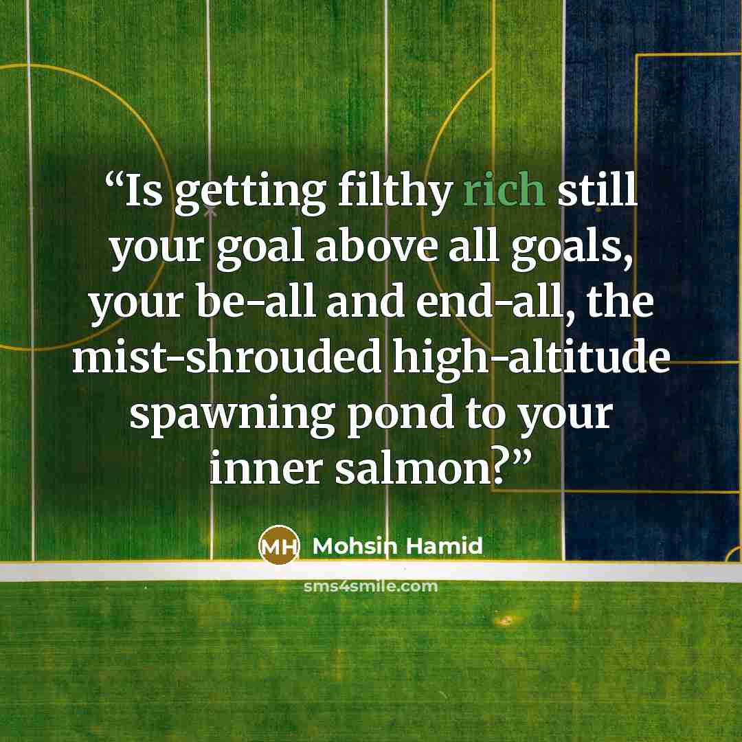 “Is getting filthy rich still your goal above all goals, your be-all and end-all, the mist-shrouded high-altitude spawning pond to your inner salmon?” quote by Mohsin Hamid