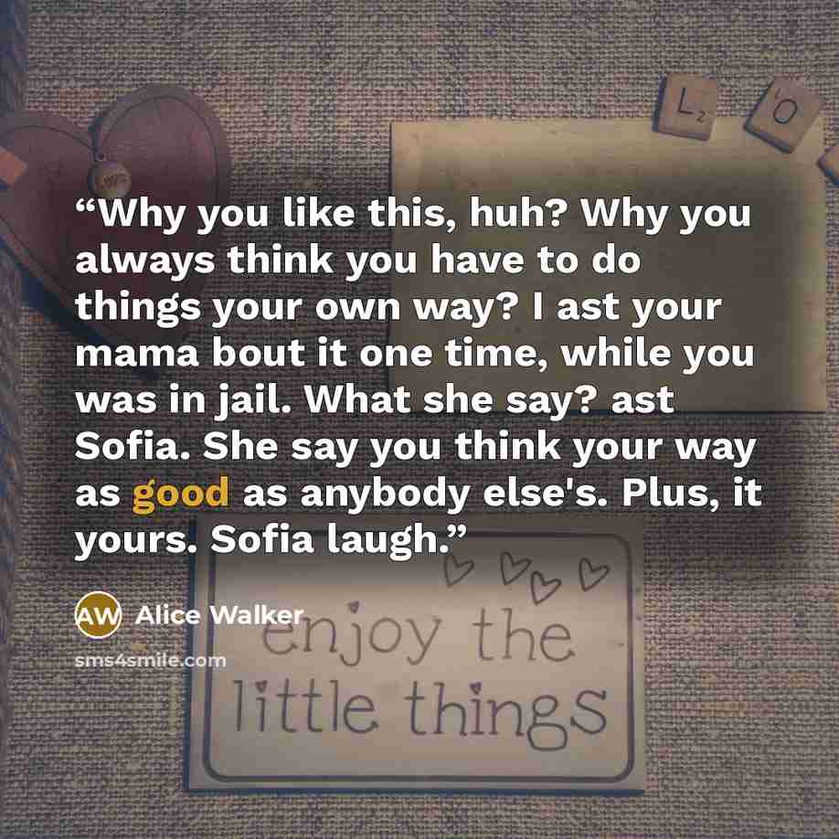 “Why you like this, huh? Why you always think you have to do things your own way? I ast your mama bout it one time, while you was in jail. What she say? ast Sofia. She say you think your way as good as anybody else's. Plus, it yours. Sofia laugh.” quote by Alice Walker