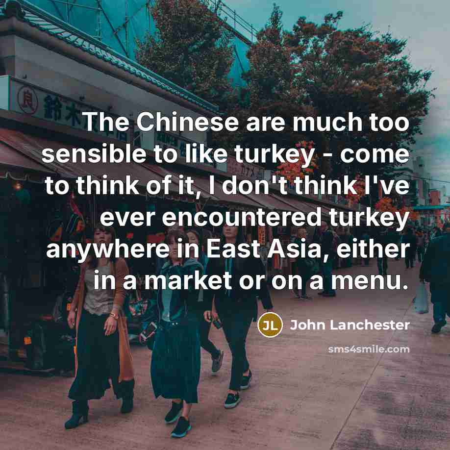 “The Chinese are much too sensible to like turkey - come to think of it, I don't think I've ever encountered turkey anywhere in East Asia, either in a market or on a menu.” quote by John Lanchester