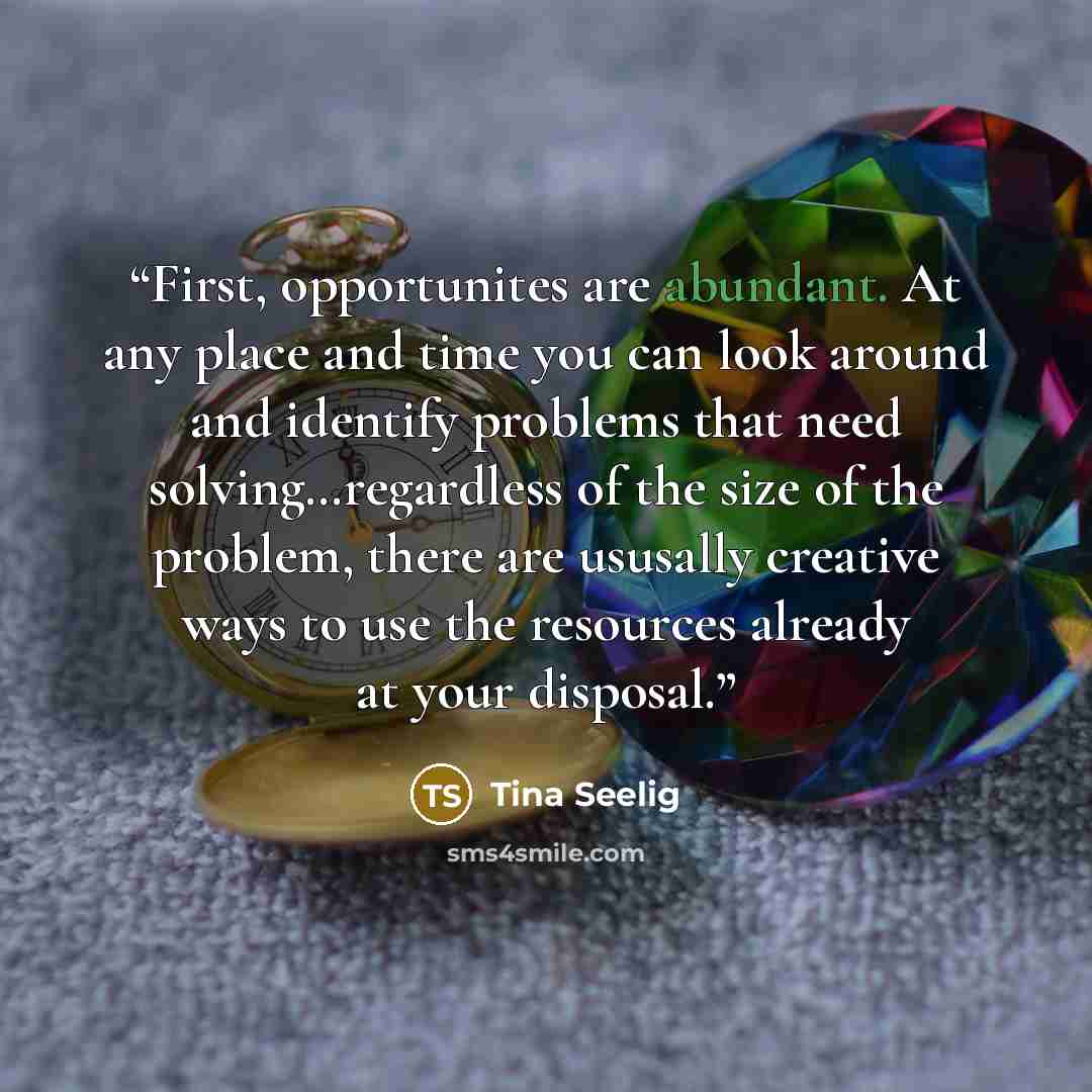 “First, opportunites are abundant. At any place and time you can look around and identify problems that need solving…regardless of the size of the problem, there are ususally creative ways to use the resources already at your disposal.” quote by Tina Seelig