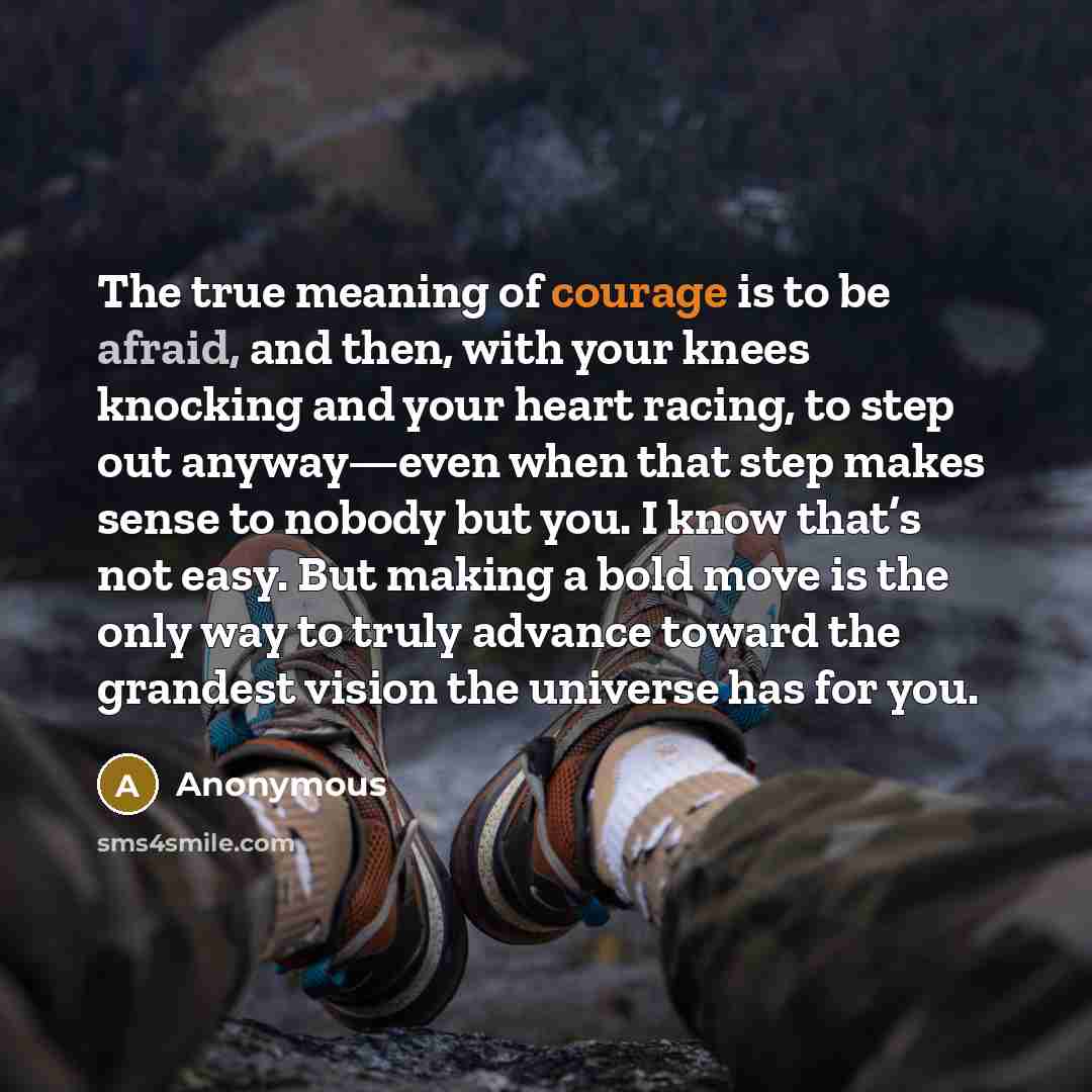“The true meaning of courage is to be afraid, and then, with your knees knocking and your heart racing, to step out anyway—even when that step makes sense to nobody but you. I know that’s not easy. But making a bold move is the only way to truly advance toward the grandest vision the universe has…” quote by Anonymous