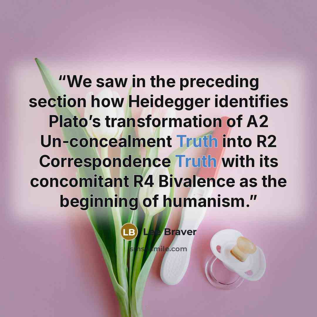 “We saw in the preceding section how Heidegger identifies Plato’s transformation of A2 Un-concealment Truth into R2 Correspondence Truth with its concomitant R4 Bivalence as the beginning of humanism.” quote by Lee Braver