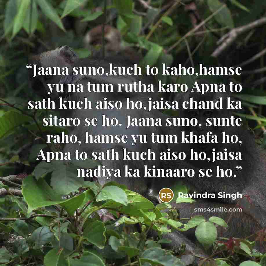 “Jaana suno,kuch to kaho,hamse yu na tum rutha karo Apna to sath kuch aiso ho,jaisa chand ka sitaro se ho. Jaana suno, sunte raho, hamse yu tum khafa ho, Apna to sath kuch aiso ho,jaisa nadiya ka kinaaro se ho.” quote by Ravindra Singh