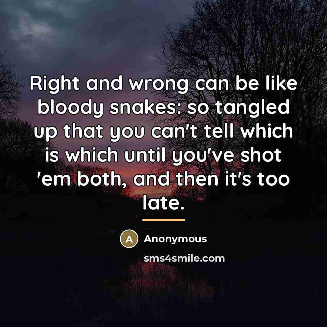 “Right and wrong can be like bloody snakes: so tangled…” quote by Anonymous