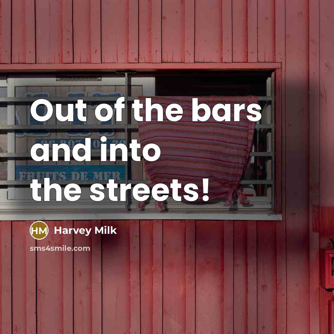 “Out of the bars and into the streets!…” quote by Harvey Milk