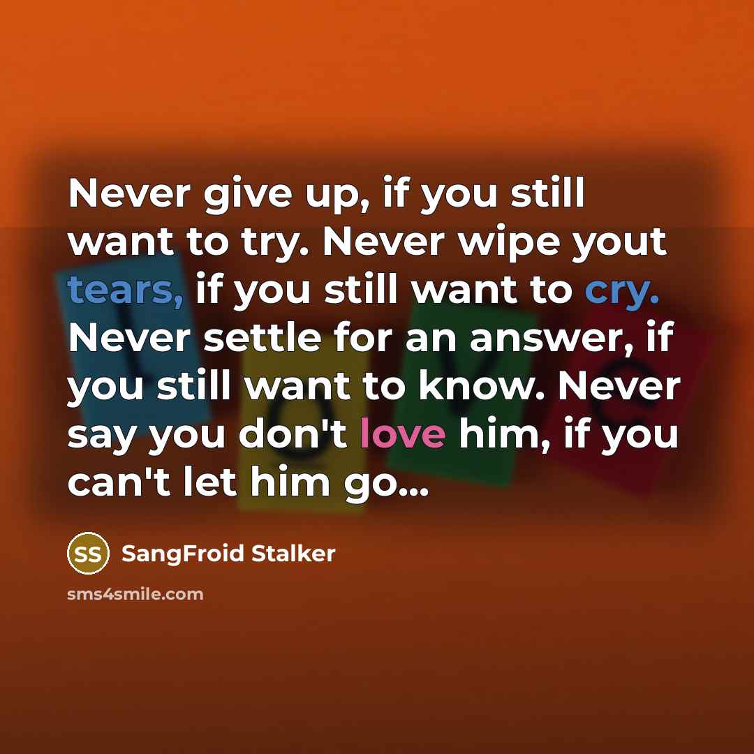 “Never give up, if you still want to try. Never…” quote by SangFroid Stalker