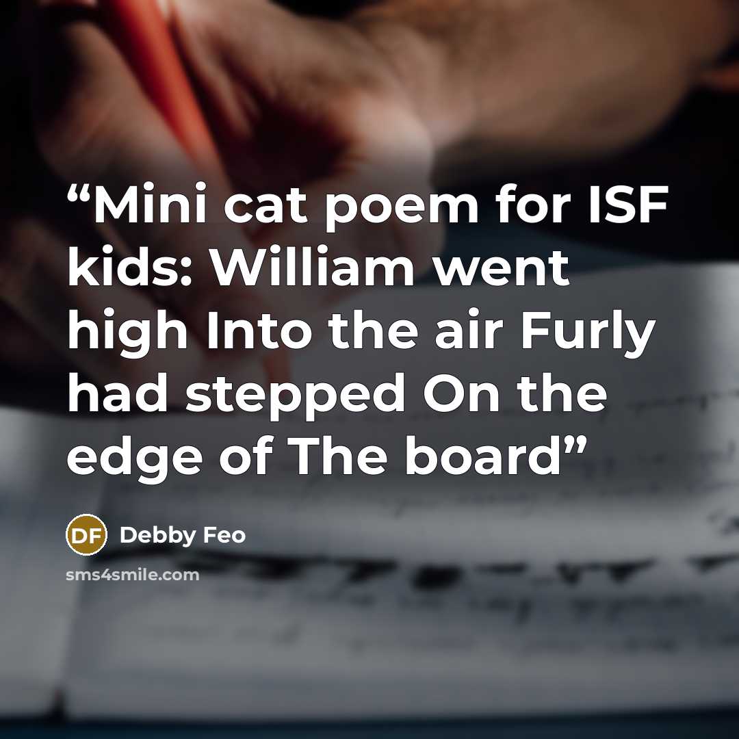 “Mini cat poem for ISF kids: William went high Into the air Furly had stepped On the edge of The board” quote by Debby Feo