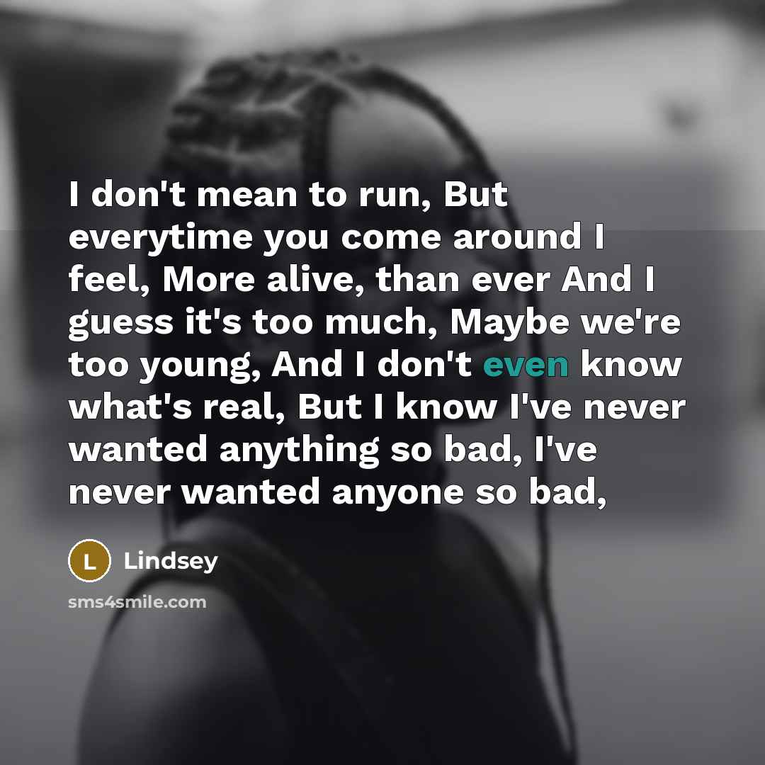 “I don't mean to run, But everytime you come around I feel, More alive, than ever And I guess it's too much, Maybe we're too young, And I don't even know what's real, But I know I've never wanted anything so bad, I've never wanted anyone so bad,” quote by Lindsey
