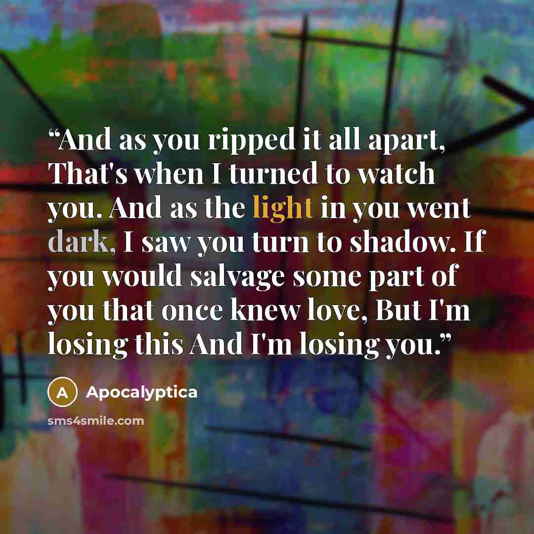 “And as you ripped it all apart, That's when I turned to watch you. And as the light in you went dark, I saw you turn to shadow. If you would salvage some part of you that once knew love, But I'm losing this And I'm losing you.” quote by Apocalyptica
