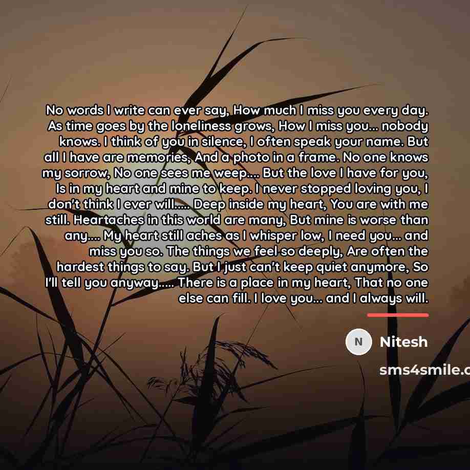 “No words I write can ever say, How much I…” quote by Anonymous