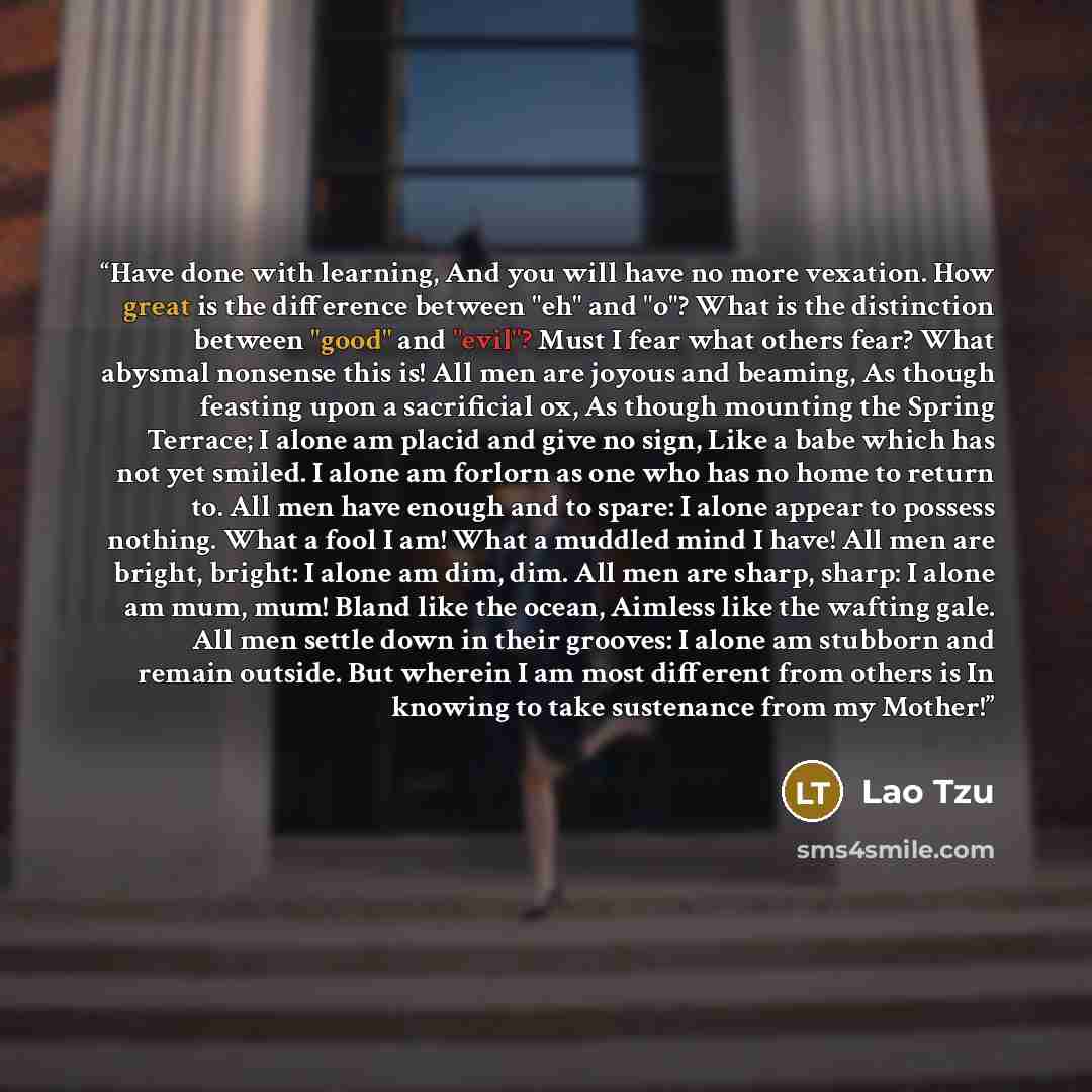 “Have done with learning, And you will have no more vexation. How great is the difference between "eh" and "o"? What is the distinction between "good" and "evil"? Must I fear what others fear? What abysmal nonsense this is! All men are joyous and beaming, As though feasting upon a sacrificial ox…” quote by Lao Tzu