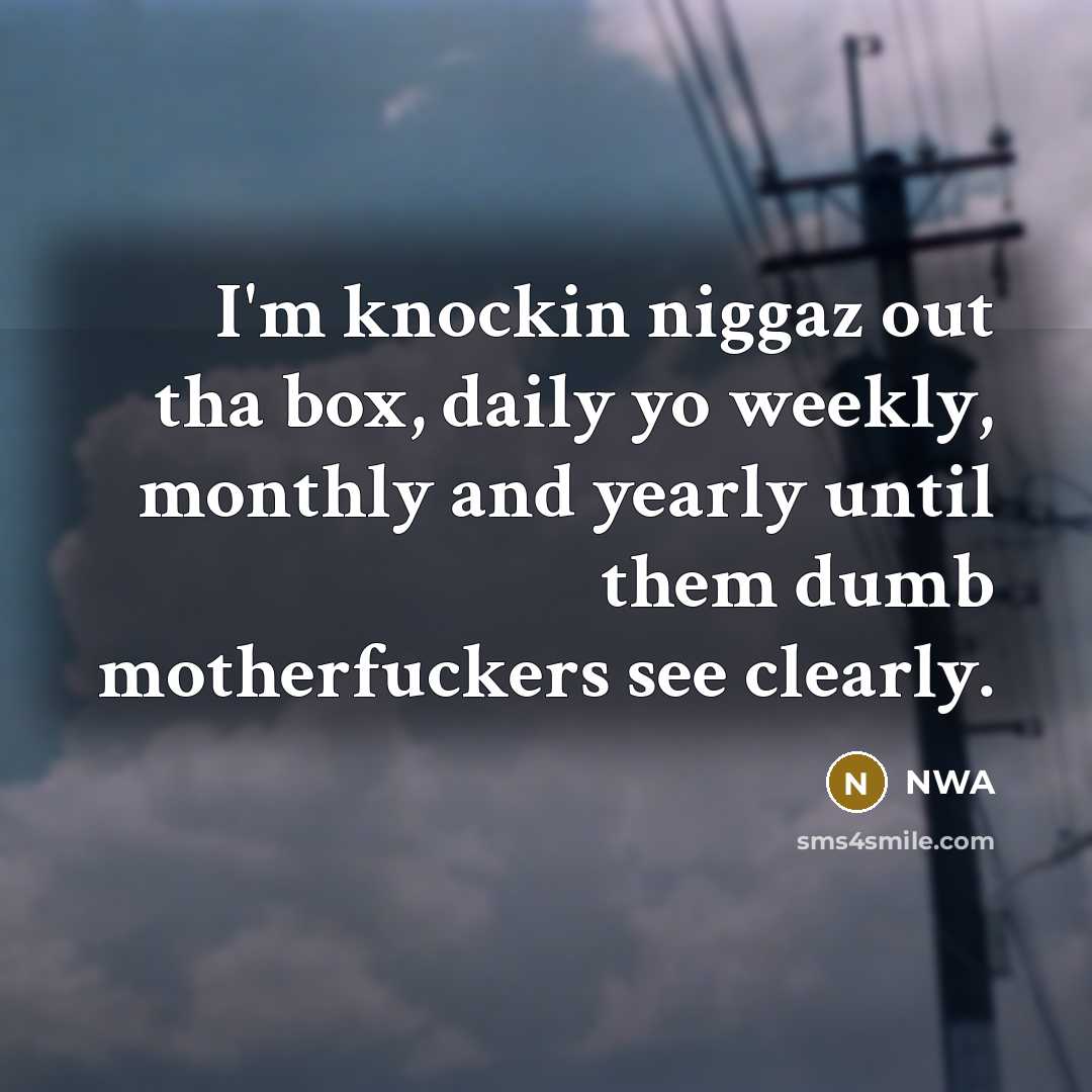 “I'm knockin niggaz out tha box, daily yo weekly, monthly…” quote by NWA