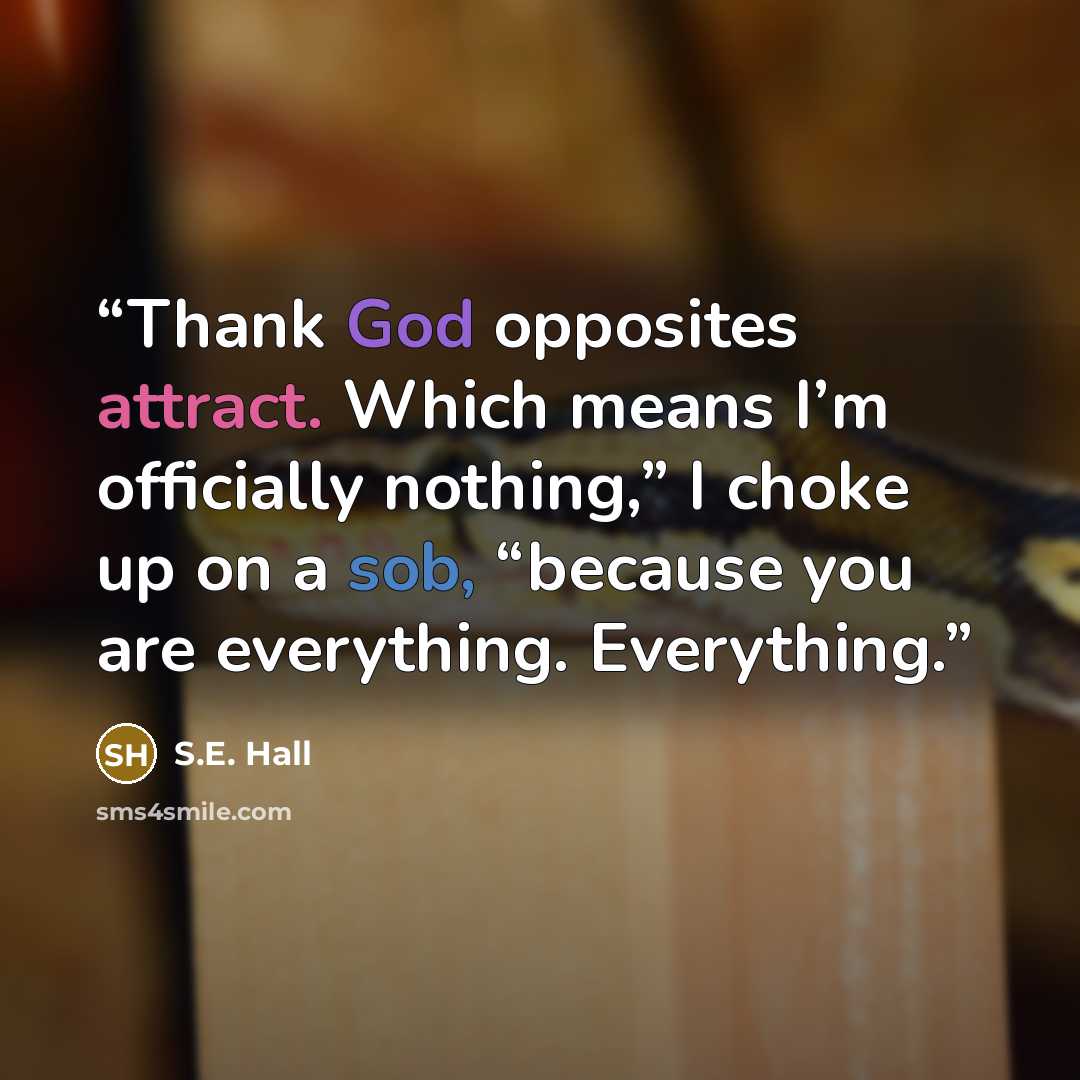 “Thank God opposites attract. Which means I’m officially nothing,” I choke up on a sob, “because you are everything. Everything.” quote by S.E. Hall