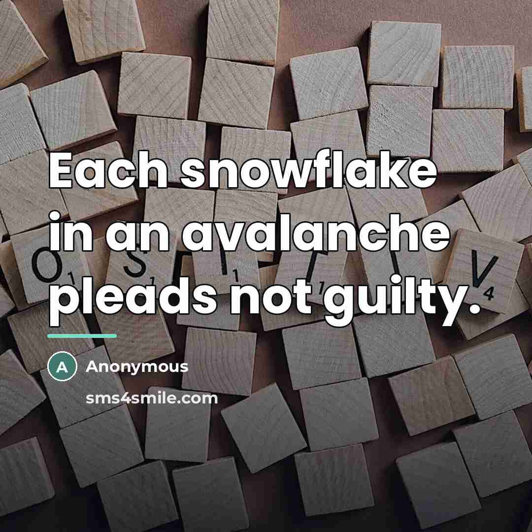 “Each snowflake in an avalanche pleads not guilty.…” quote by Anonymous