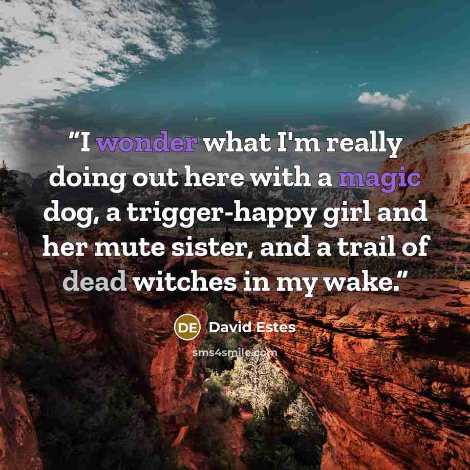 “I wonder what I'm really doing out here with a magic dog, a trigger-happy girl and her mute sister, and a trail of dead witches in my wake.” quote by David Estes