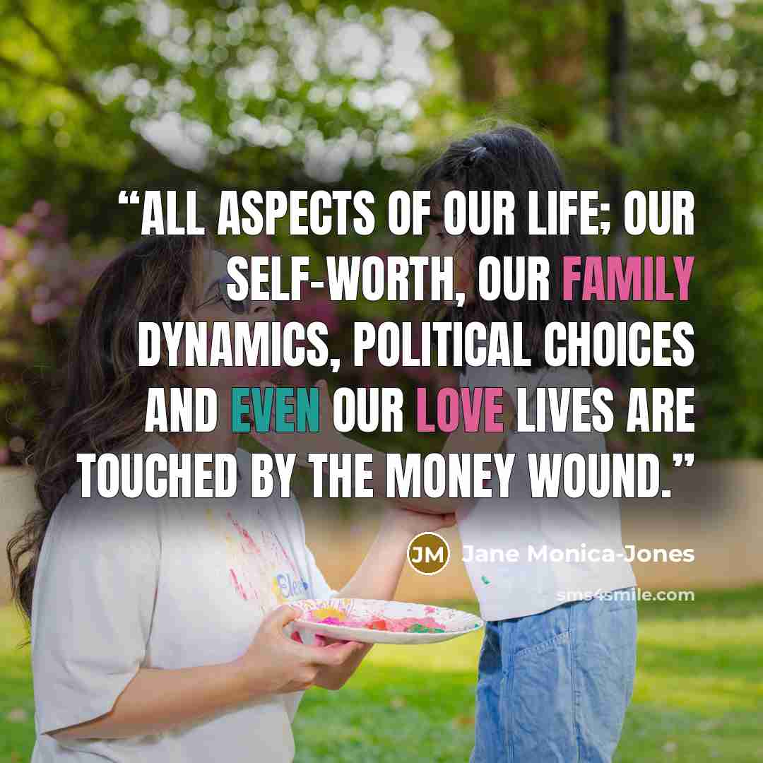 “All aspects of our life; our self-worth, our family dynamics, political choices and even our love lives are touched by the money wound.” quote by Jane Monica-Jones