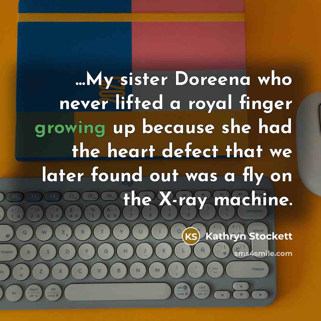 “...My sister Doreena who never lifted a royal finger growing…” quote by Kathryn Stockett