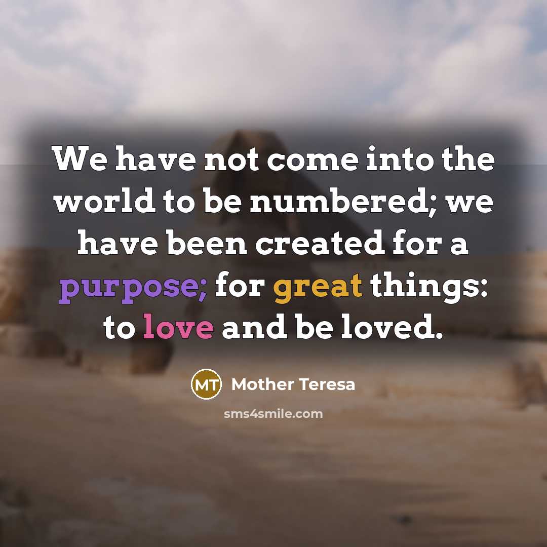 “We have not come into the world to be numbered; we have been created for a purpose; for great things: to love and be loved.” quote by Mother Teresa