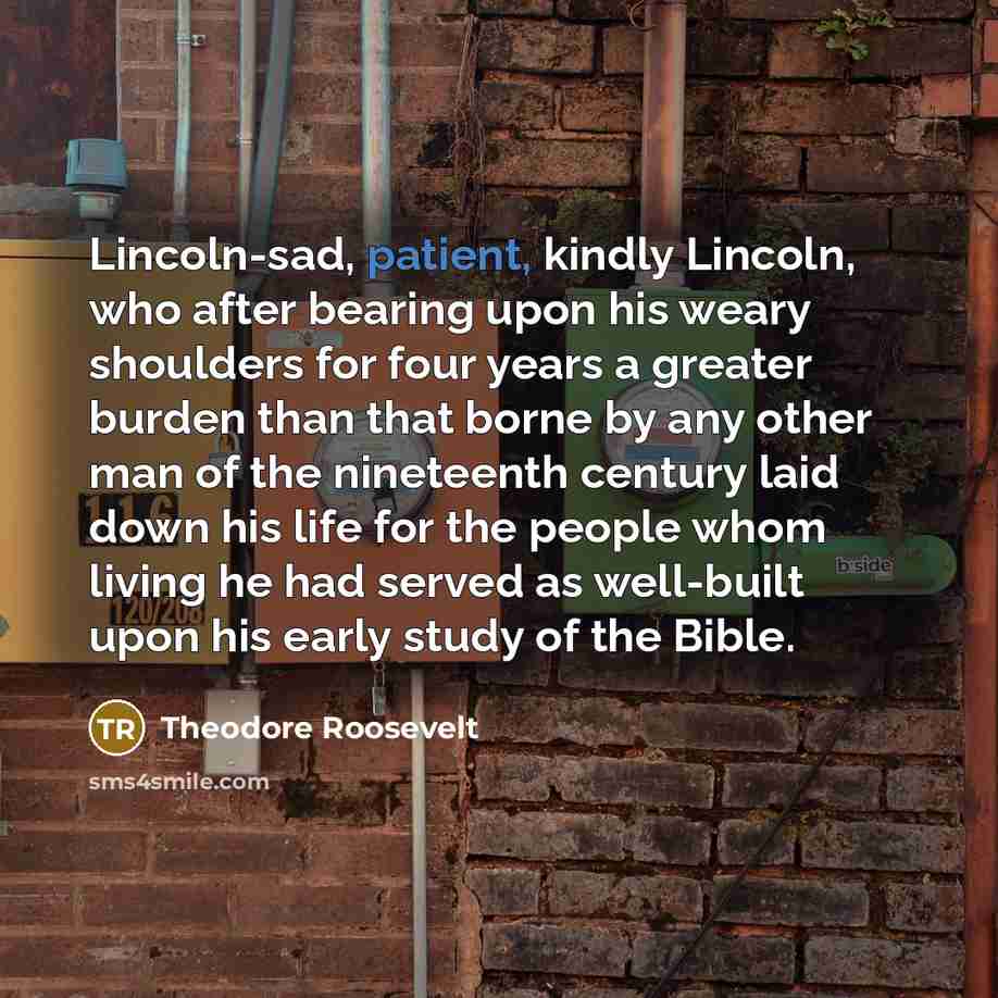 “Lincoln-sad, patient, kindly Lincoln, who after bearing upon his weary…” quote by Theodore Roosevelt