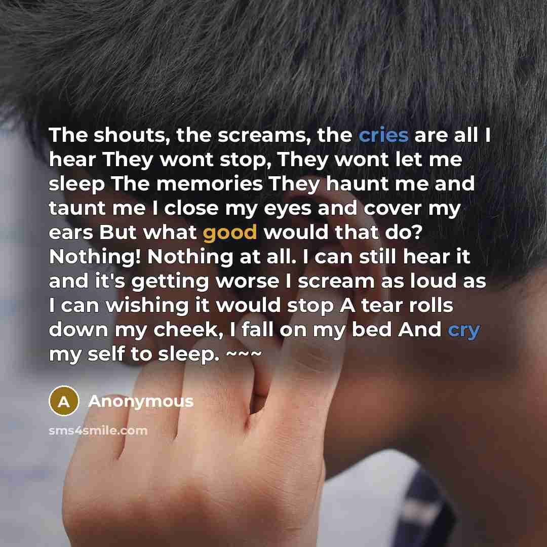 “The shouts, the screams, the cries are all I hear They wont stop, They wont let me sleep The memories They haunt me and taunt me I close my eyes and cover my ears But what good would that do? Nothing! Nothing at all. I can still hear it and it's getting worse I scream as loud as I can wishing it…” quote by Anonymous