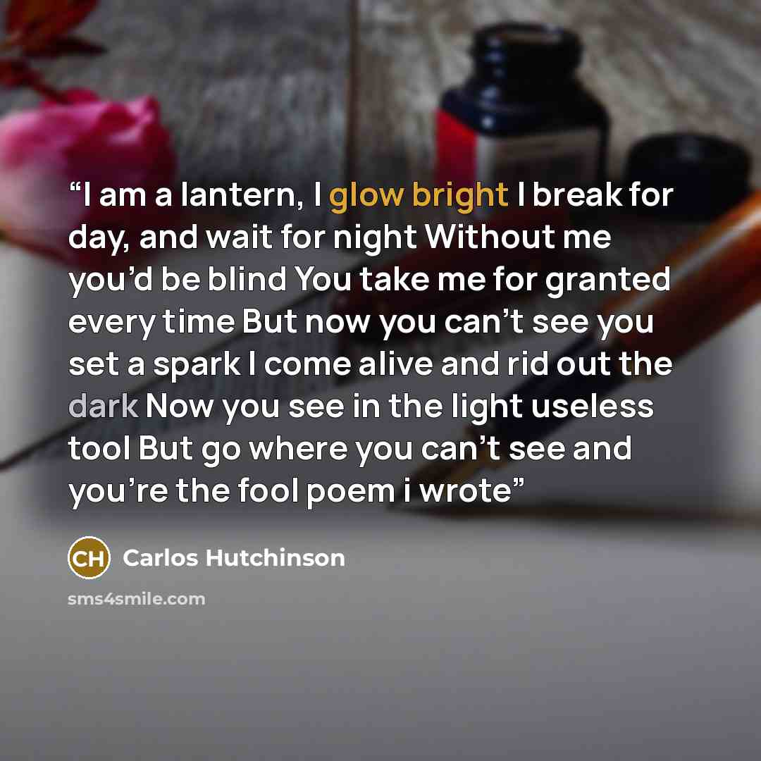 “I am a lantern, I glow bright I break for day, and wait for night Without me you’d be blind You take me for granted every time But now you can’t see you set a spark I come alive and rid out the dark Now you see in the light useless tool But go where you can’t see and you’re the fool poem i wrote” quote by Carlos Hutchinson