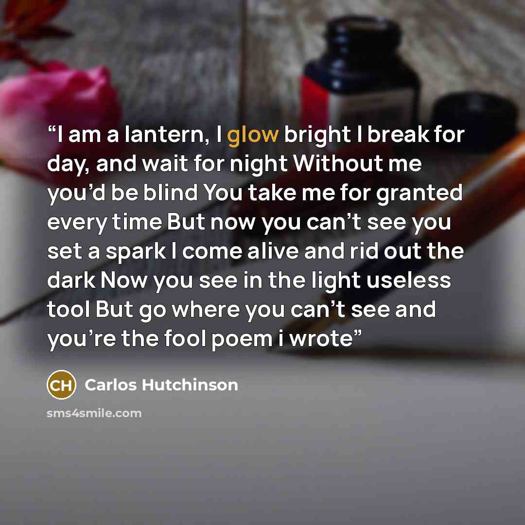 “I am a lantern, I glow bright I break for day, and wait for night Without me you’d be blind You take me for granted every time But now you can’t see you set a spark I come alive and rid out the dark Now you see in the light useless tool But go where you can’t see and you’re the fool poem i wrote” quote by Carlos Hutchinson