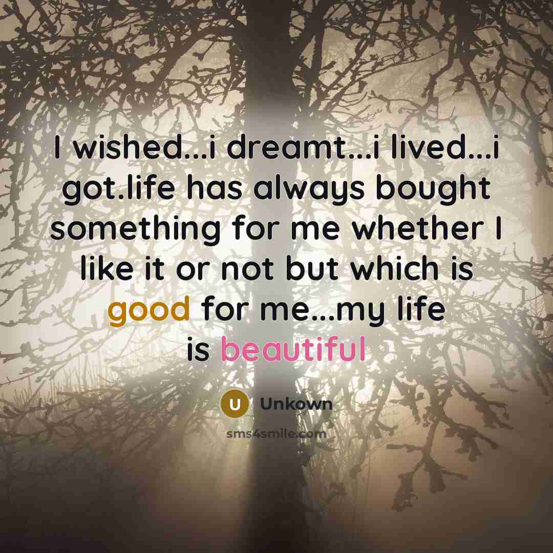 “I wished...i dreamt...i lived...i got.life has always bought something for me whether I like it or not but which is good for me...my life is beautiful” quote by Unkown