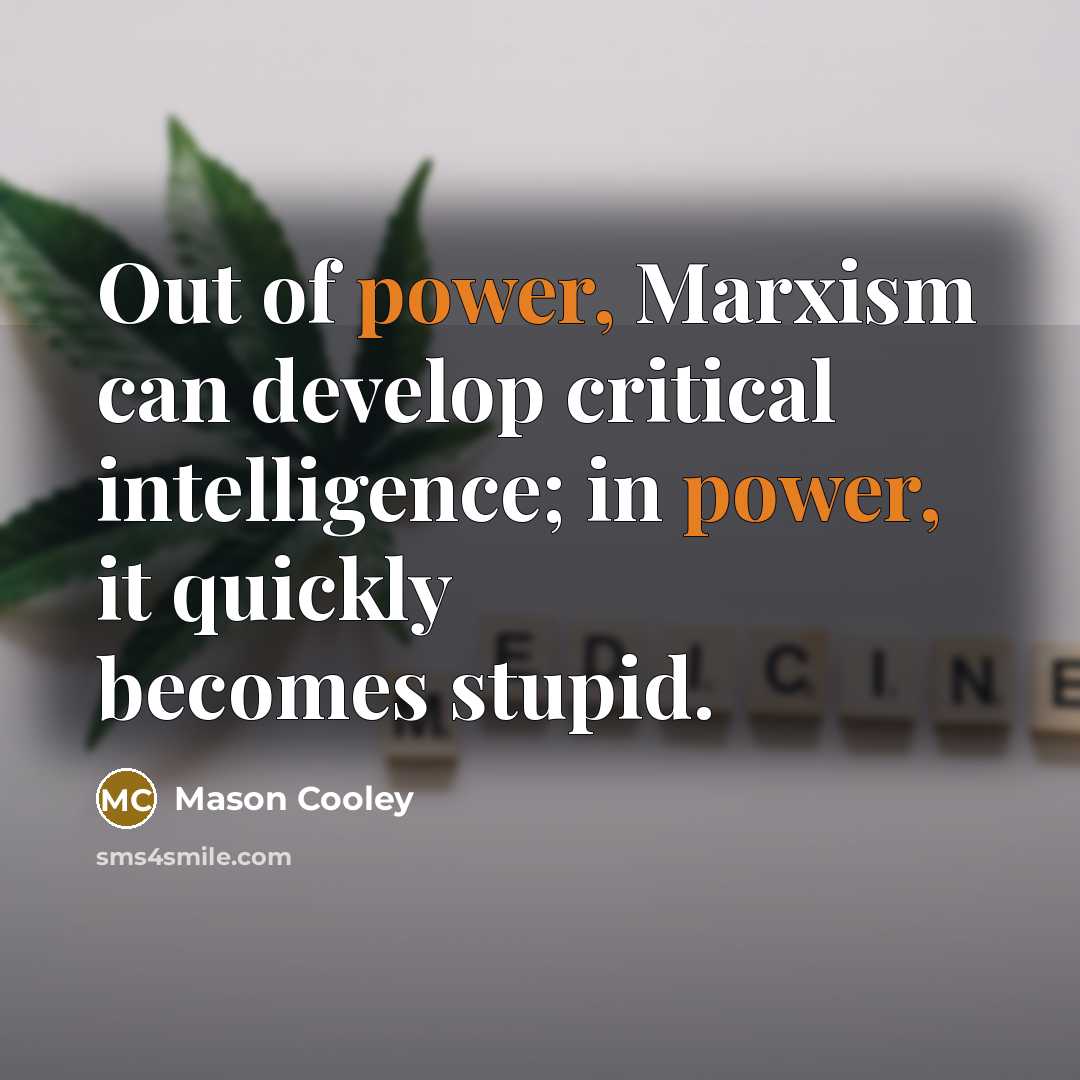 “Out of power, Marxism can develop critical intelligence; in power,…” quote by Mason Cooley