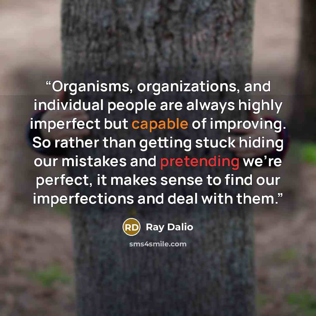 “Organisms, organizations, and individual people are always highly imperfect but capable of improving. So rather than getting stuck hiding our mistakes and pretending we’re perfect, it makes sense to find our imperfections and deal with them.” quote by Ray Dalio