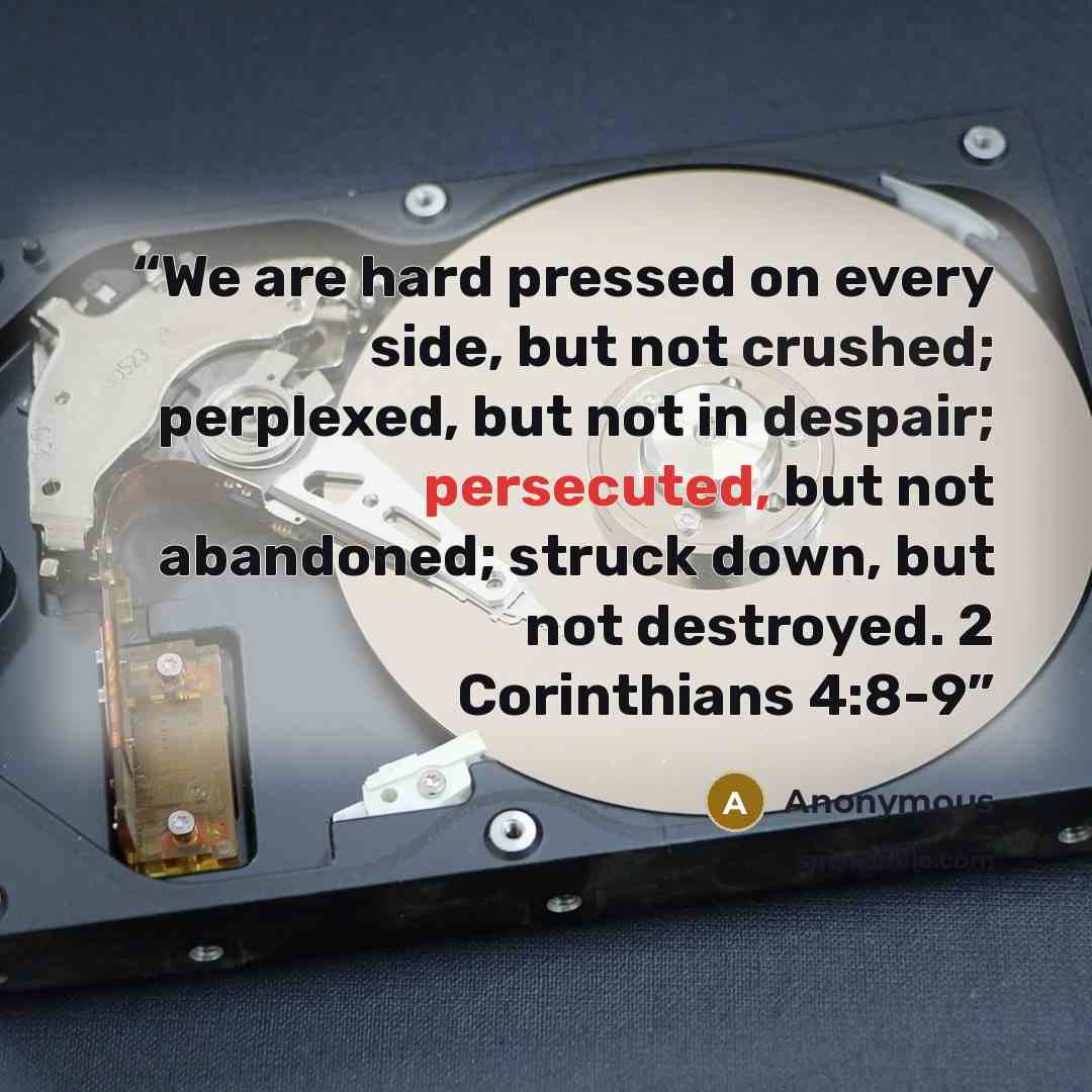 “We are hard pressed on every side, but not crushed; perplexed, but not in despair; persecuted, but not abandoned; struck down, but not destroyed. 2 Corinthians 4:8-9” quote by Anonymous