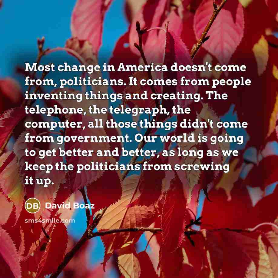 “Most change in America doesn't come from, politicians. It comes…” quote by David Boaz