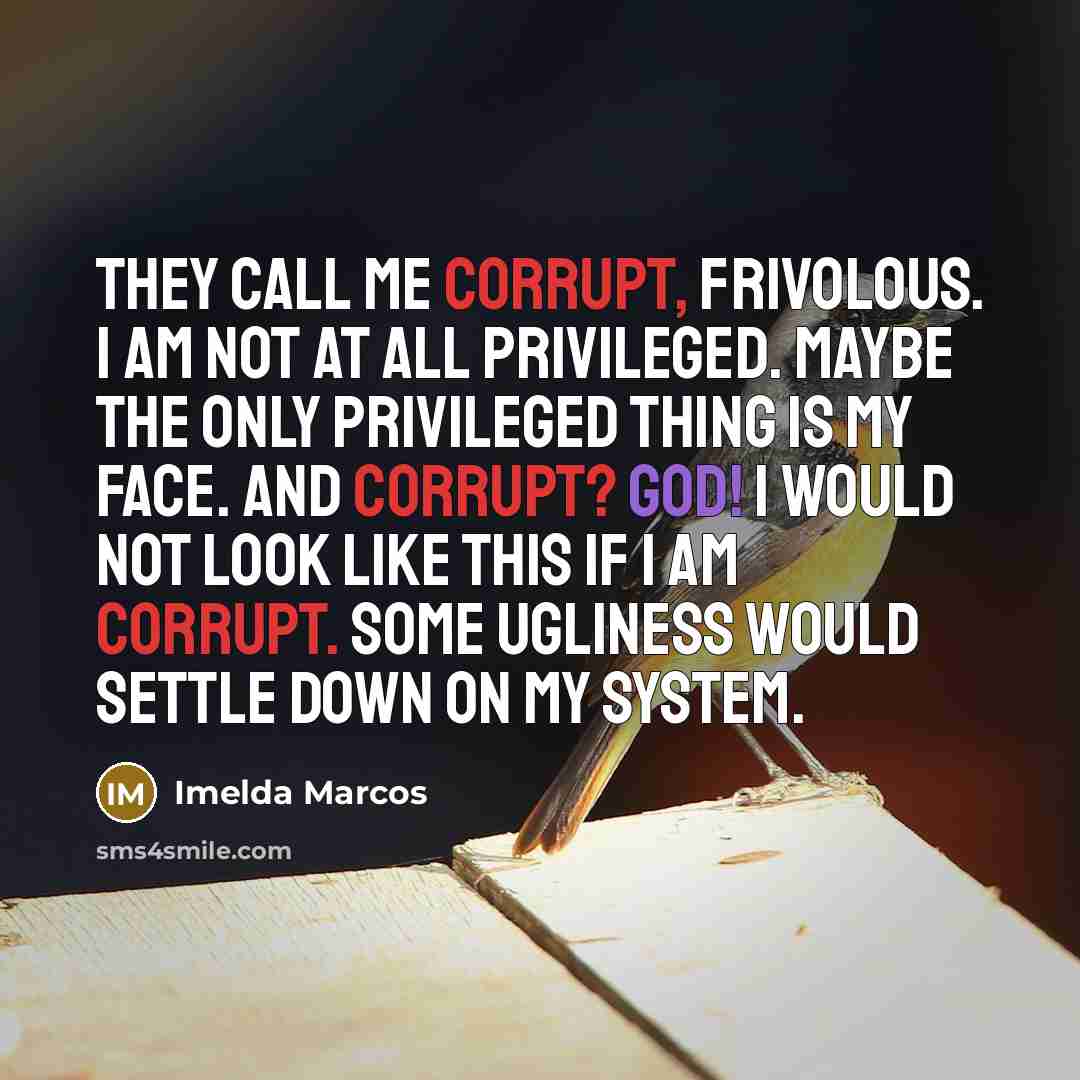 “They call me corrupt, frivolous. I am not at all privileged. Maybe the only privileged thing is my face. And corrupt? God! I would not look like this if I am corrupt. Some ugliness would settle down on my system.” quote by Imelda Marcos