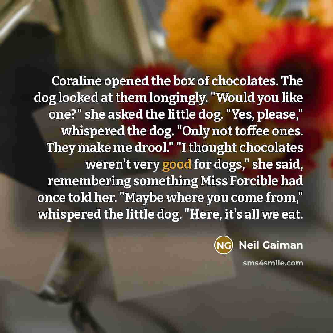 “Coraline opened the box of chocolates. The dog looked at…” quote by Neil Gaiman
