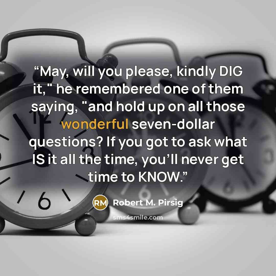 “May, will you please, kindly DIG it," he remembered one of them saying, "and hold up on all those wonderful seven-dollar questions? If you got to ask what IS it all the time, you'll never get time to KNOW.” quote by Robert M. Pirsig