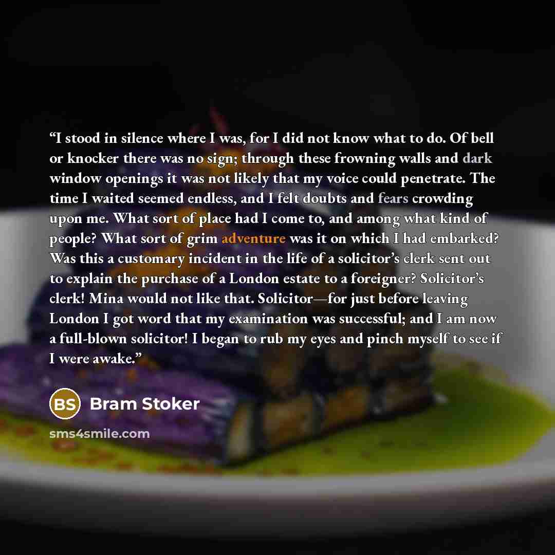 “I stood in silence where I was, for I did not know what to do. Of bell or knocker there was no sign; through these frowning walls and dark window openings it was not likely that my voice could penetrate. The time I waited seemed endless, and I felt doubts and fears crowding upon me. What sort of…” quote by Bram Stoker
