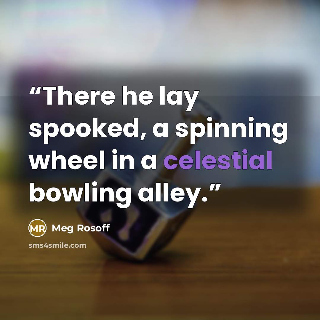 “There he lay spooked, a spinning wheel in a celestial bowling alley.” quote by Meg Rosoff