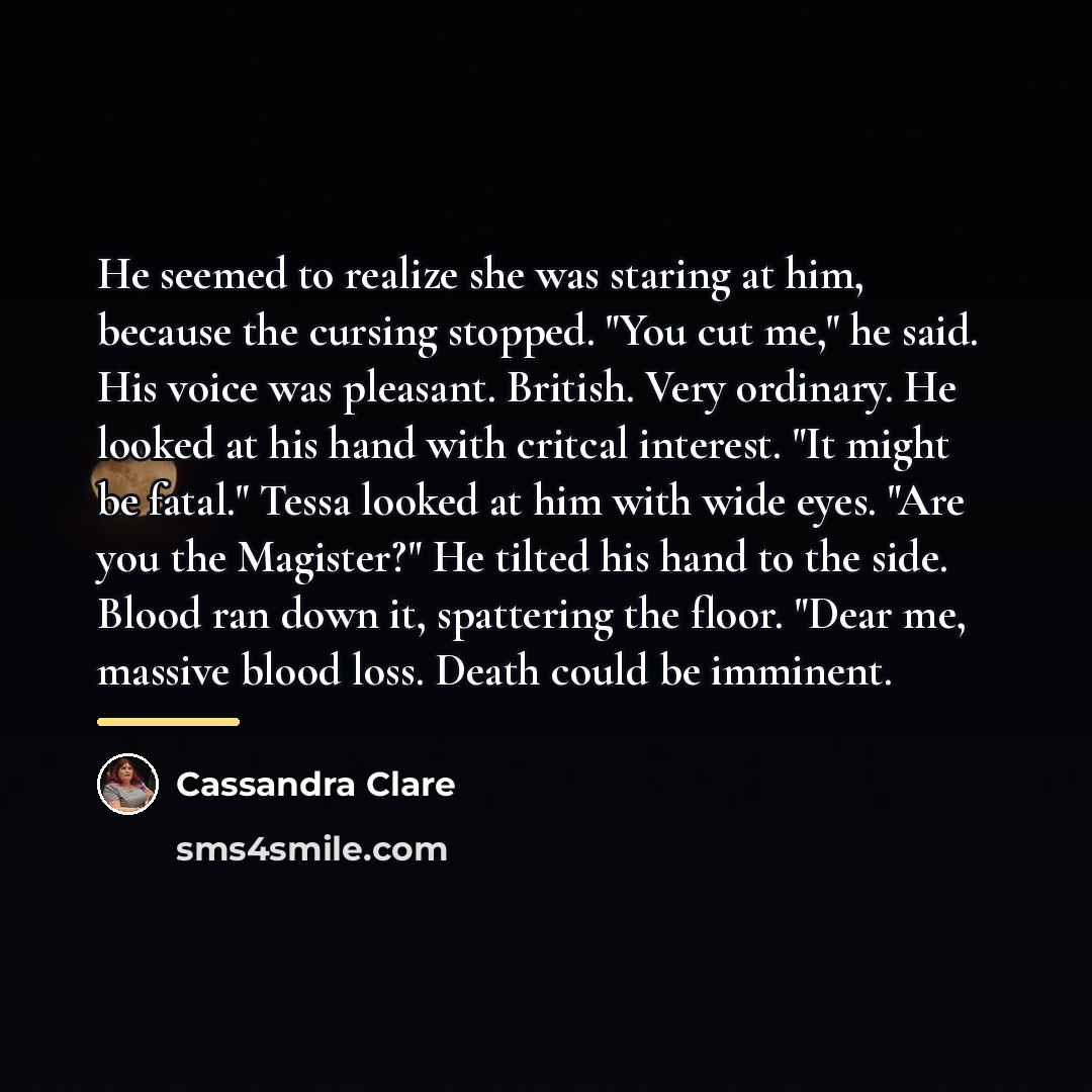 “He seemed to realize she was staring at him, because…” quote by Cassandra Clare
