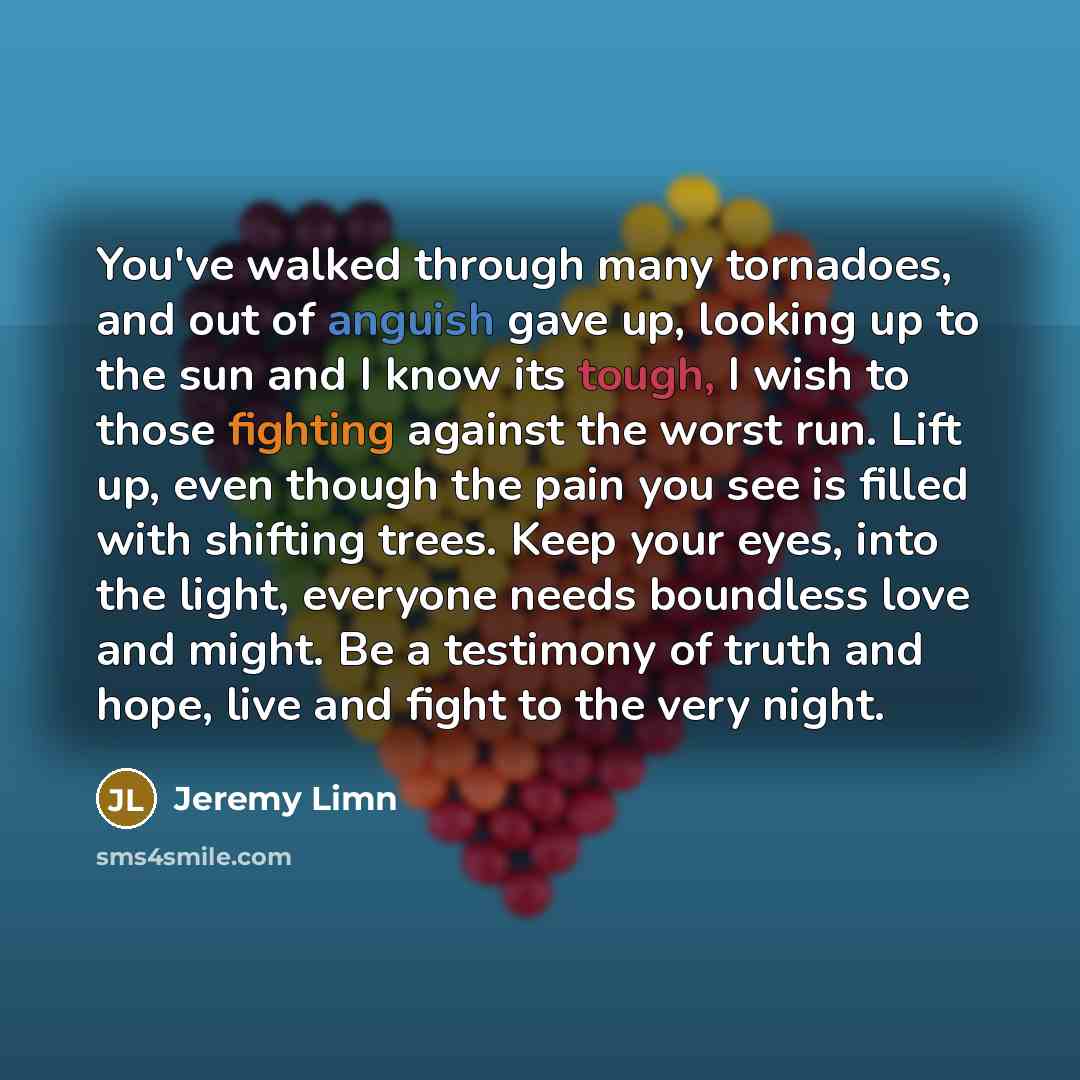 “You've walked through many tornadoes, and out of anguish gave…” quote by Jeremy Limn