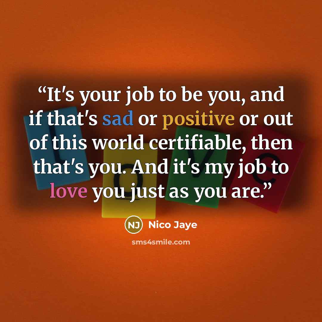 “It's your job to be you, and if that's sad or positive or out of this world certifiable, then that's you. And it's my job to love you just as you are.” quote by Nico Jaye