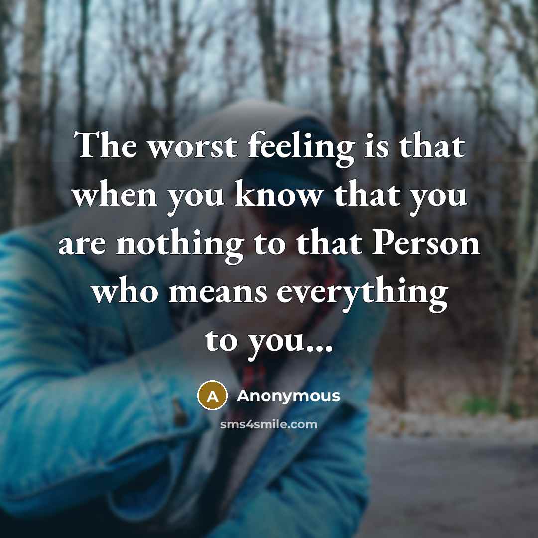 “The worst feeling is that when you know that you are nothing to that Person who means everything to you...” quote by Anonymous