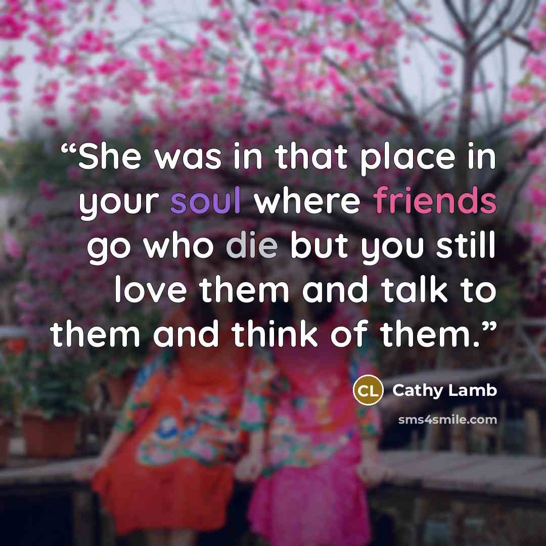 “She was in that place in your soul where friends go who die but you still love them and talk to them and think of them.” quote by Cathy Lamb